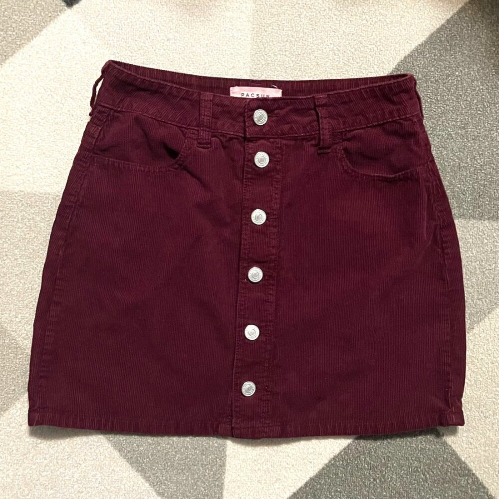 PacSun Burgundy Corduroy Button‎ Front Mini Skirt Women's Size 26